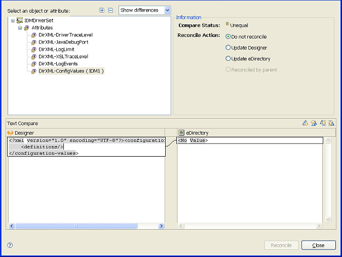 The Designer/eDirectory Object Compare window