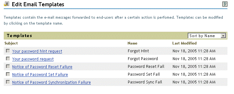 List of e-mail templates in iManager