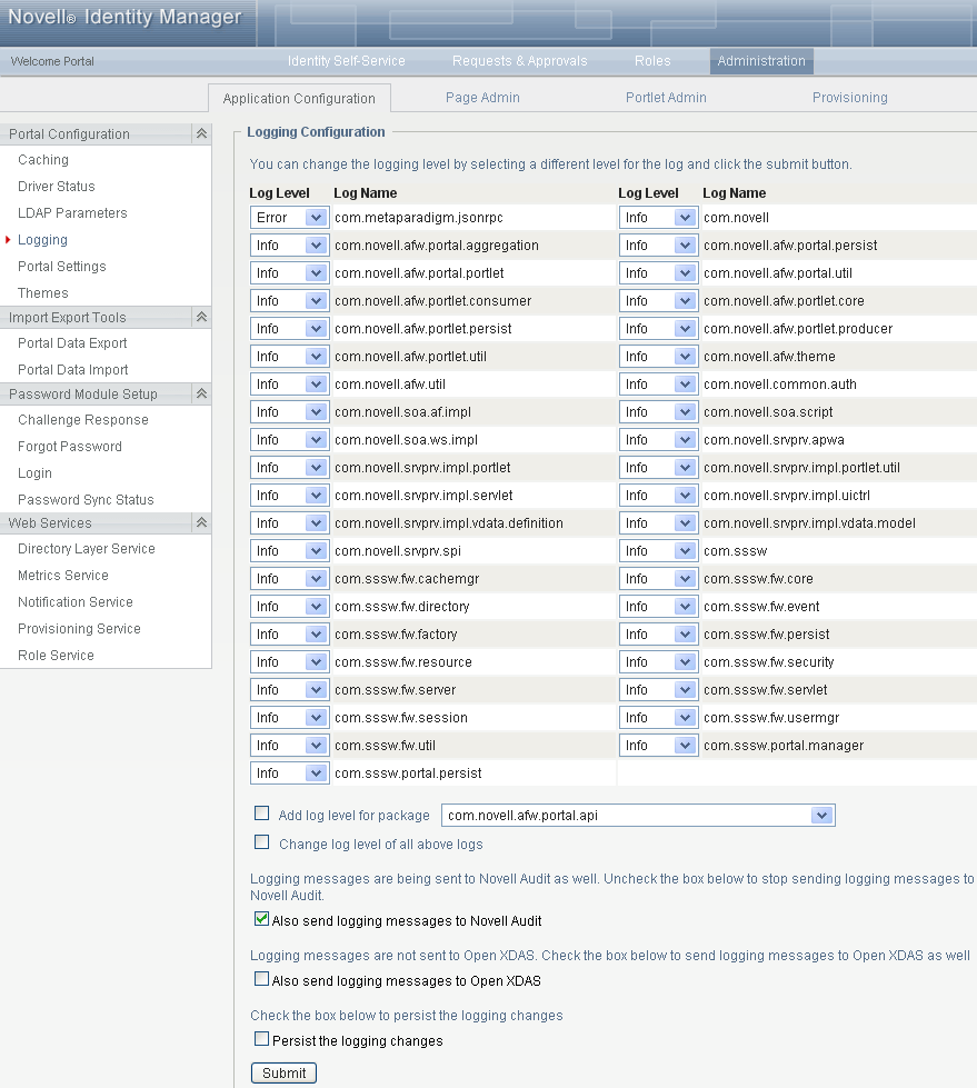 Logging options in the User Application