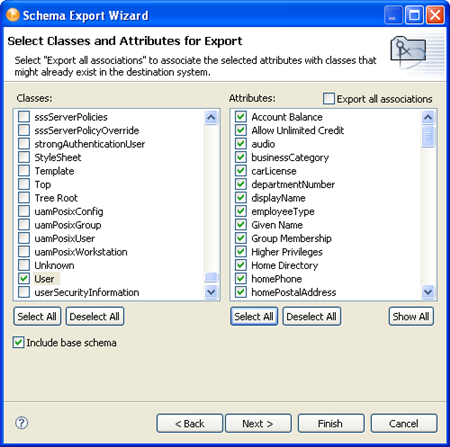 The Select Classes and Attributes for Export page