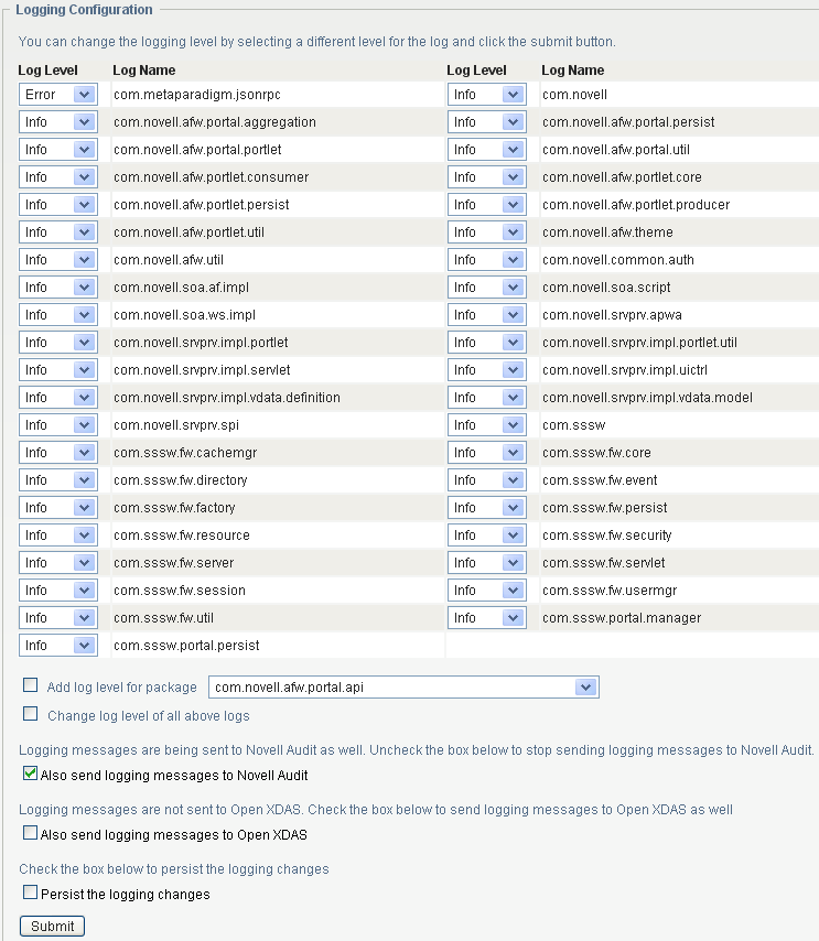 User Application logging page