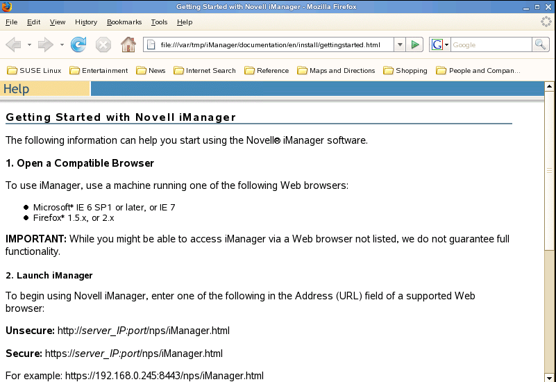 Getting Started with Novell iManager welcome page