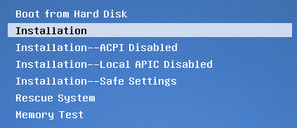Selecting Installation at the boot screen