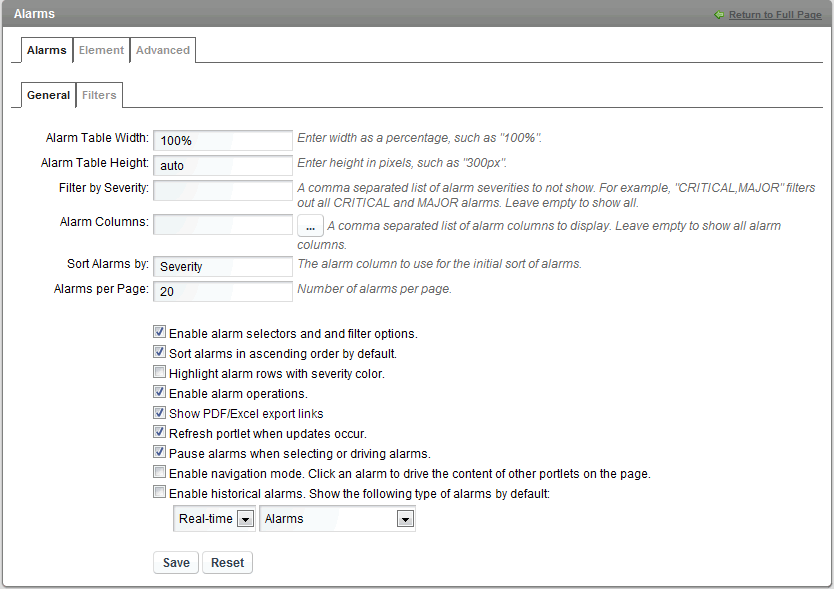 Alarm Component Configuration Options