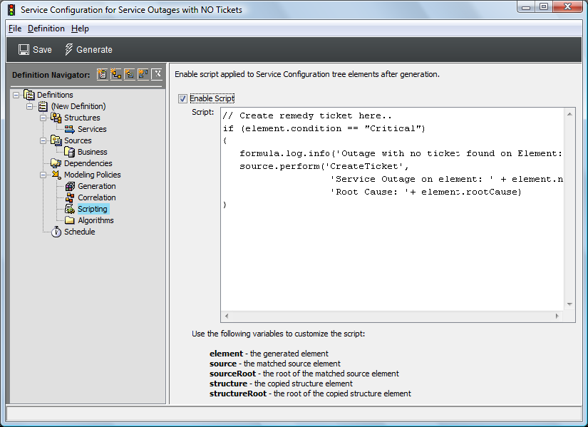 Scripting Element in Definition Navigator Panel