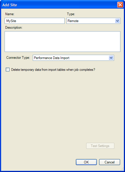 Sample Performance Data Import Tables Remote Site Dialog Box