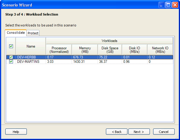 Scenario Wizard Step 3 of 4: Workload Selection page