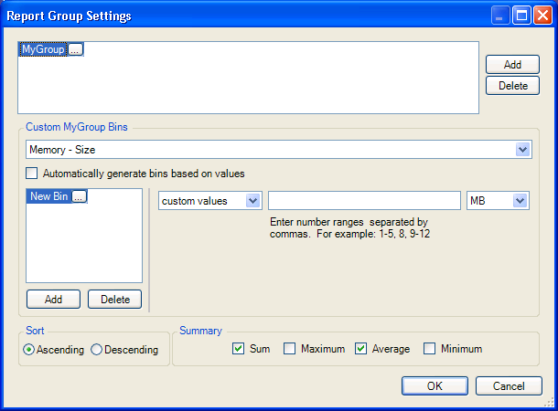 Report Group Settings dialog box