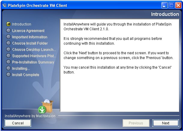 VM Client Installation Wizard - Introduction Page