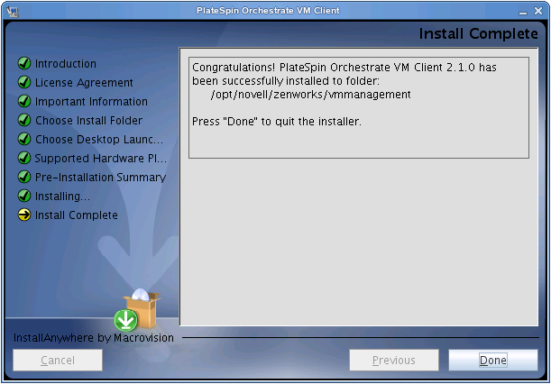 VM Client Installation Wizard - Install Complete Page