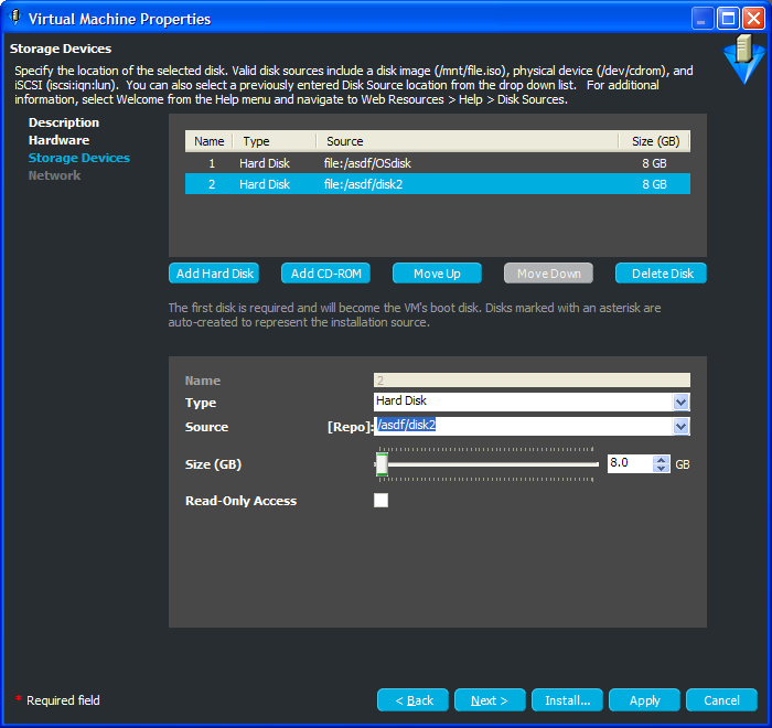 Storage Devices Page for Virtual Machine Properties Wizard