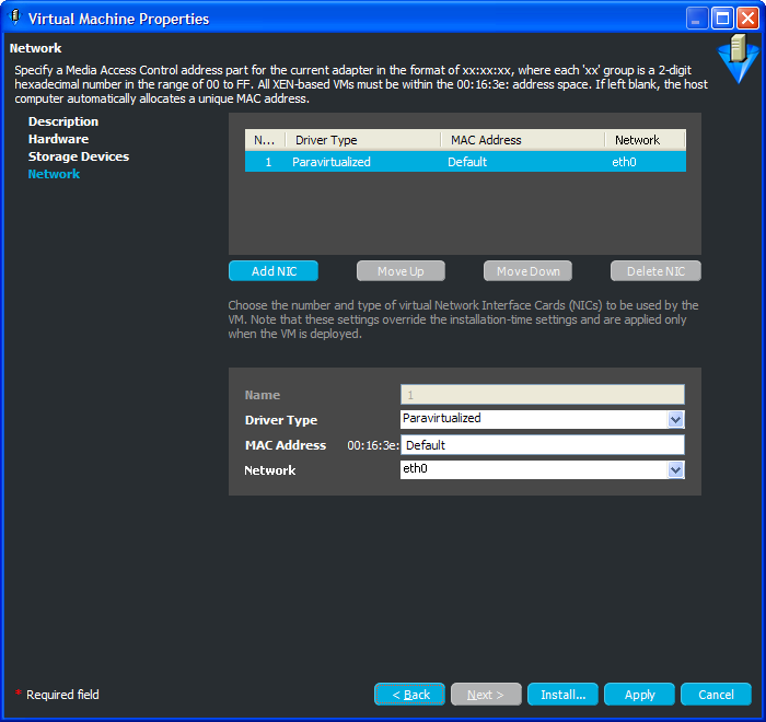 Network Page for Virtual Machine Properties Wizard